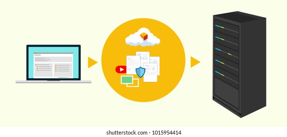 FTP client data transfer cloud server, illustration laptop transfer data to server.