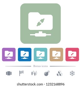 FTP connection white flat icons on color rounded square backgrounds. 6 bonus icons included
