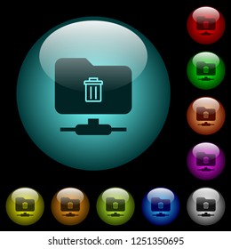 FTP delete icons in color illuminated spherical glass buttons on black background. Can be used to black or dark templates