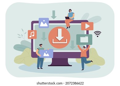 Ftp download of digital multimedia files and tiny users. People using computer for downloading music, video or films online flat vector illustration. Torrent, free information, piracy concept
