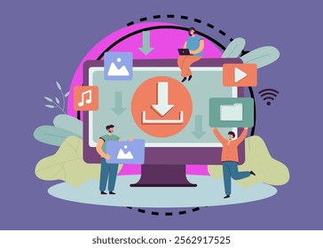 Ftp download of digital multimedia files and tiny users. People using computer for downloading music, video or films online flat vector illustration. Torrent, free information, piracy concept