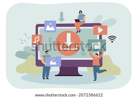 Ftp download of digital multimedia files and tiny users. People using computer for downloading music, video or films online flat vector illustration. Torrent, free information, piracy concept
