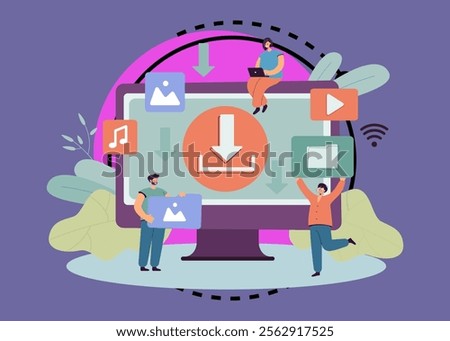 Ftp download of digital multimedia files and tiny users. People using computer for downloading music, video or films online flat vector illustration. Torrent, free information, piracy concept