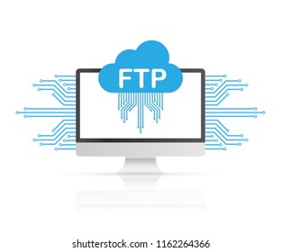 FTP file transfer icon on computer. FTP technology icon. Transfer data to server. Vector stock illustration.
