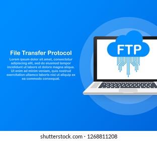 FTP file transfer icon on laptop. FTP technology icon. Transfer data to server. Vector stock illustration.