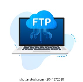 FTP file transfer icon on laptop. FTP technology icon. Transfer data to server. Vector illustration.