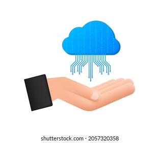 FTP file transfer icon on hands. FTP technology icon. Transfer data to server. Vector illustration.