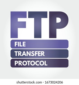 FTP File Transfer Protocol - standard communication protocol used for the transfer of computer files from a server to a client on a computer network, acronym text concept background