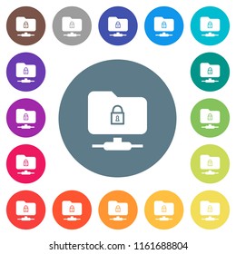 FTP lock flat white icons on round color backgrounds. 17 background color variations are included.