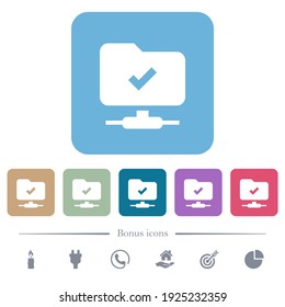 FTP operation successful white flat icons on color rounded square backgrounds. 6 bonus icons included