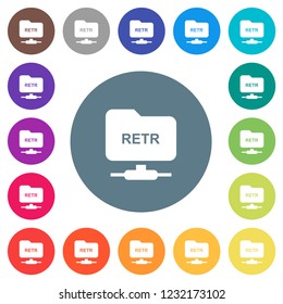 FTP retrieve file flat white icons on round color backgrounds. 17 background color variations are included.