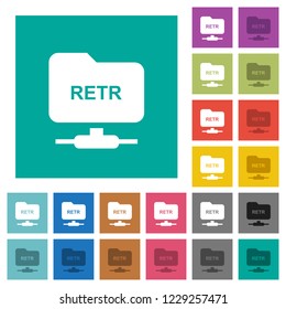 FTP retrieve file multi colored flat icons on plain square backgrounds. Included white and darker icon variations for hover or active effects.