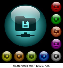 FTP save icons in color illuminated spherical glass buttons on black background. Can be used to black or dark templates