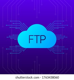 FTP server transfer files. Blue gradient objects on dark abstract background. Vector illustration.