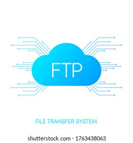 FTP server transfer files system. Blue gradient objects on white background. Vector illustration.