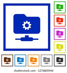 FTP settings flat color icons in square frames on white background