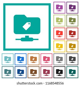 FTP tag flat color icons with quadrant frames on white background