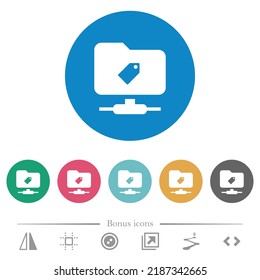 Etiqueta FTP iconos blancos planos en fondos de color redondo. 6 iconos de bonificación incluidos.
