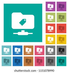 FTP tag multi colored flat icons on plain square backgrounds. Included white and darker icon variations for hover or active effects.