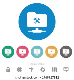 FTP tools flat white icons on round color backgrounds. 6 bonus icons included.