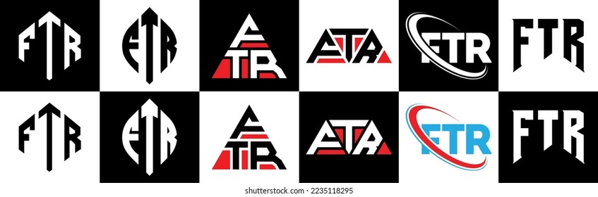 FTR letter logo design in six style. FTR polygon, circle, triangle, hexagon, flat and simple style with black and white color variation letter logo set in one artboard. FTR minimalist and classic logo