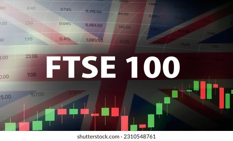 FTSE 100 index, 100 companies listed on the London Stock Exchange. Trading screen concept. Price quotation, candlestick pattern, and overlay gradation of United Kingdom flag.