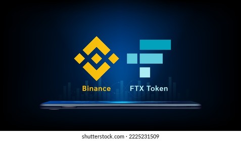 FTX and Binance crypto currency token symbol come out from smartphone. Coin icon on dark background. Trading cryptocurrency in stock market on application. For website or banner. Vector illustrator.