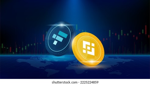 Ftx (FTT) and Binance coin. Cryptocurrency token symbol with stock market investment trading graph green and red. Banner for news on dark background. 3D Vector illustration.