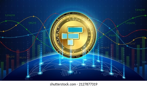 Ftx gold coin. Token cryptocurrency currency on future internet. Digital online technology blockchain stock market and crypto currencies. Hologram with a globe and world map. Vector EPS10.