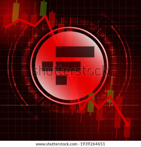 FTX Token (FTT) cryptocurrency value price fall drop concept design. Glowing Dash Coin on red candle stick charts with black and red background.Vector Illustration.EPS10.