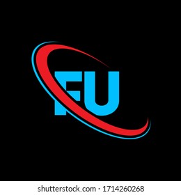 FU F U letter logo design. Initial letter FU linked circle upercase monogram logo red and blue. FU logo, F U design. fu, f u