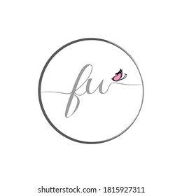 Diseño del logotipo de escritura a mano de letras iniciales FU con mariposa