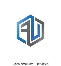 FU initial letters loop linked hexagon logo black gray blue