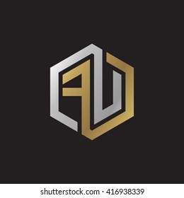 FU initial letters loop linked hexagon elegant logo golden silver black background