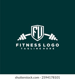 FU initial monogram for fitnes or gym logo with creative shield and barbell design