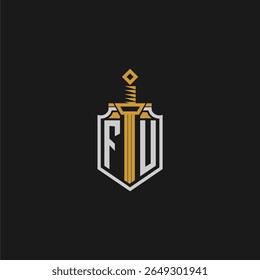 Monograma inicial FU para imagem de escudo e espada