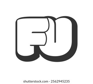 FU logo, bubble comic lettering, rounded in graffiti style black and white silhouette. Trendy preschool F and U letter text for festival party, personal initials, children funky print and web. 