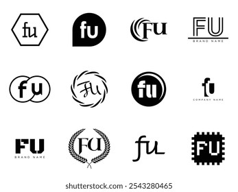 FU logo company template. Letter f and u logotype. Set different classic serif lettering and modern bold text with design elements. Initial font typography. Collection trendy business identity.