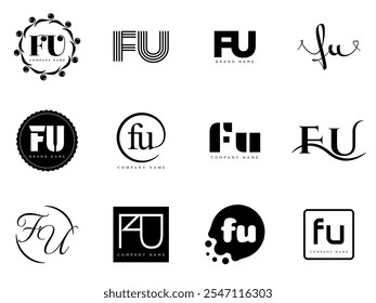 FU logo company template. Letter f and u logotype. Set different classic serif lettering and modern bold text with design elements. Initial font typography. Collection trendy business identity.