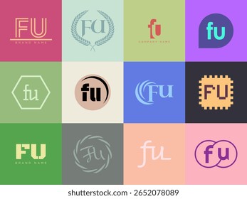 Modelo de empresa do logotipo FU. Letra f e logotipo u. Defina diferentes letras serifas clássicas e texto em negrito moderno com elementos de design. Tipografia inicial da fonte. Coleção de identidade de negócios na moda.