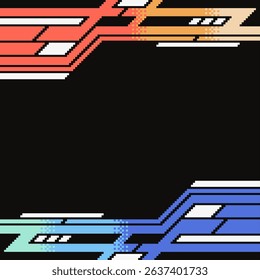 Fu8turistic Mechanical Industrial Red and Blue Bold Frame Template on Black Background, Pixel Art Style