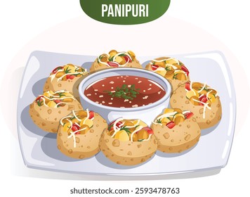 Fuchka or Pani Puri Plate with Tamarind Chutney. Famous Asian Street Snack Detailed Illustration. Puries Filled with Chickpeas, Potatoes, Onions, Corriander and Shredded Radish.