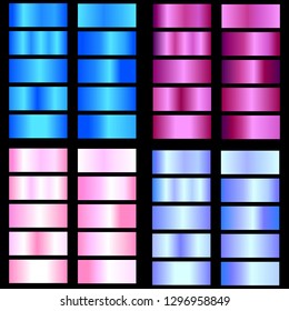 Fuchsia, blue, pink gradient. Collection of colorful gradients with  glossy metal texture for design of covers, banners, posters and other creative projects.