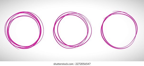 Fuchsia circle line hand drawn set. Highlight hand drawing circle isolated on background. Round handwritten circle. For marking text, note, mark icon, number, marker pen, pencil and text check, vector