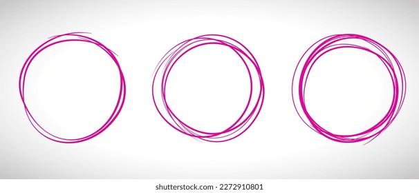 Fuchsia circle line hand drawn set. Highlight hand drawing circle isolated on background. Round handwritten circle. For marking text, note, mark icon, number, marker pen, pencil and text check, vector