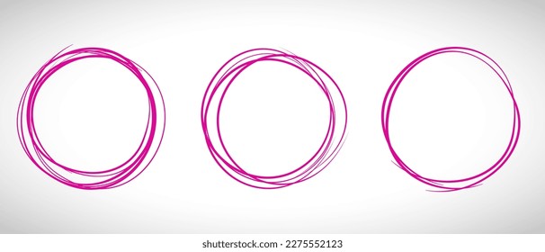 Fuchsia circle line hand drawn set. Highlight hand drawing circle isolated on background. Round handwritten circle. For marking text, note, mark icon, number, marker pen, pencil and text check, vector