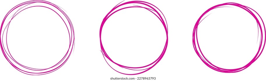 Fuchsia circle line hand drawn set. Highlight hand drawing circle isolated on background. Round handwritten circle. For marking text, note, mark icon, number, marker pen, pencil and text check, vector