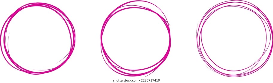 Fuchsia circle line hand drawn set. Highlight hand drawing circle isolated on background. Round handwritten circle. For marking text, note, mark icon, number, marker pen, pencil and text check, vector