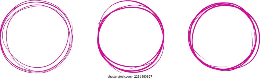 Fuchsia circle line hand drawn set. Highlight hand drawing circle isolated on background. Round handwritten circle. For marking text, note, mark icon, number, marker pen, pencil and text check, vector