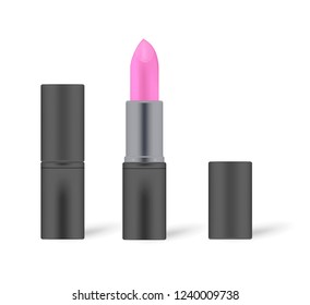 Fuchsia color lipstick in black tube, mock-up. Open and closed. Lip rouge isolated on white background, vector illustration.